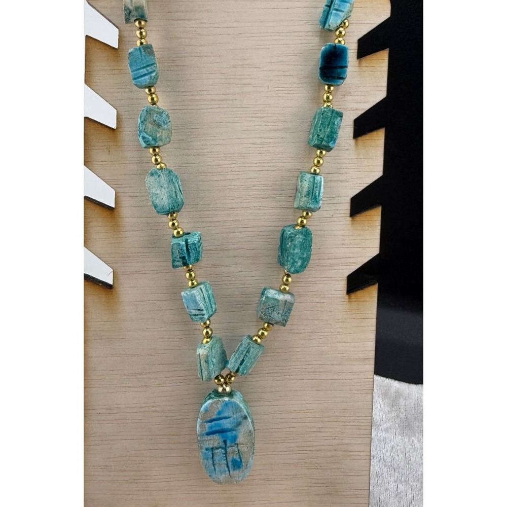 Vintage Scarab Ceramic Necklace Carved Blue Tone Gold Beads‎ 24"